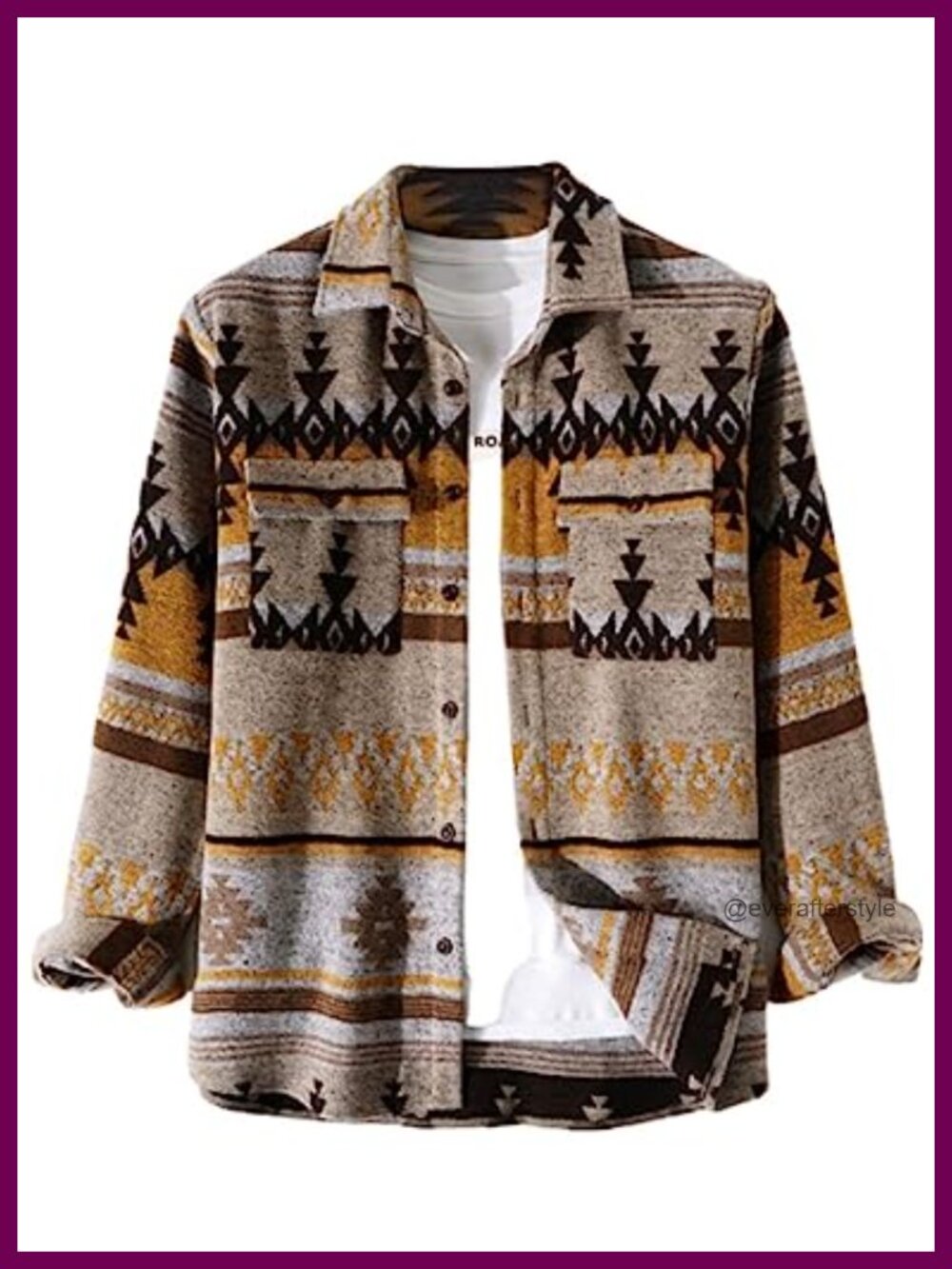 Men's Brushed Flannel Aztec Print Button Up Shacket Long Sleeve